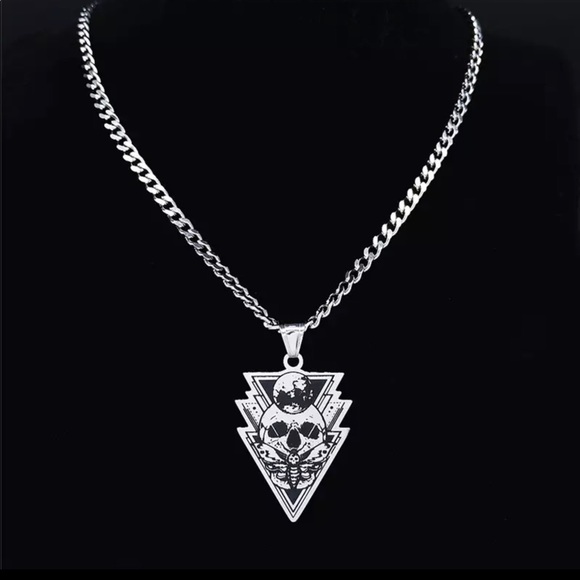 Men’s Stainless Steel Skull Moth Moon Necklace - Picture 2 of 7